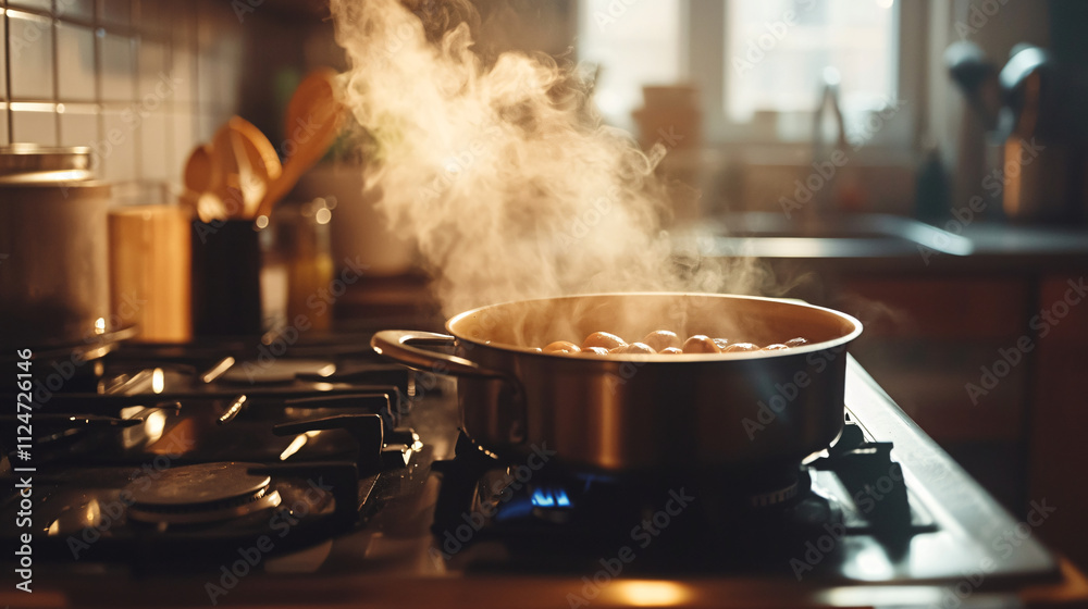 A warm and inviting kitchen scene with chestnut soup being prepared on the stove. A warm and inviting kitchen scene with chestnut soup being prepared on the stove.