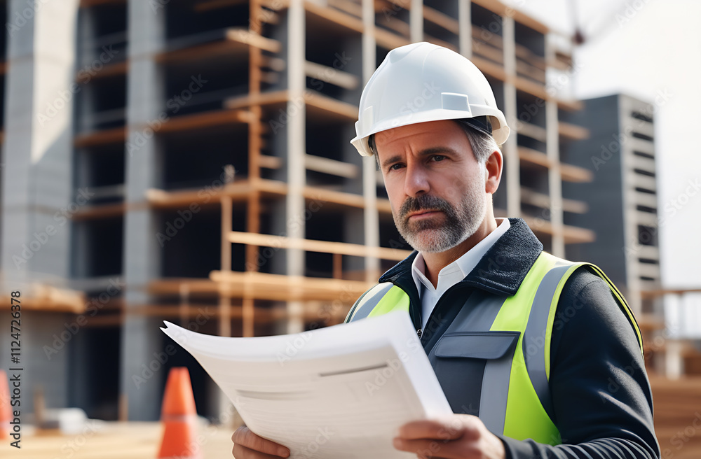 Portrait of 45 year old caucasian bearded man, a construction inspector or engineer technician, with helmet on head examines document against a blurred background with a building under construction Portrait of 45 year old caucasian bearded man, a construction inspector or engineer technician, with helmet on head examines document against a blurred background with a building under construction