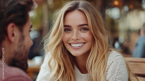 Beautiful blonde woman smiling and talking to her boyfriend at a cafe