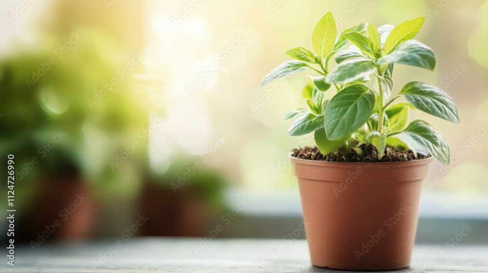 Fresh Green Plant in Brown Pot on Wooden Table with Soft Light Fresh Green Plant in Brown Pot on Wooden Table with Soft Light