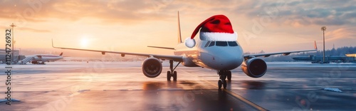 Passenger airplane wearing santa hat is taxiing on runway during christmas holidays