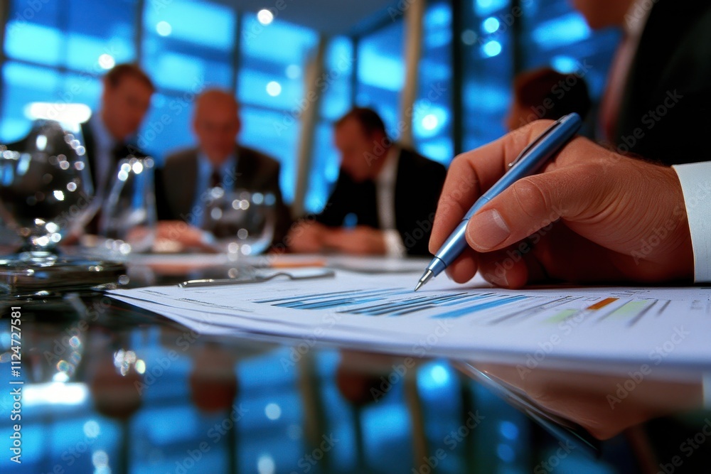 Business meeting analyzing graphs financial report close-up professional setting Business meeting analyzing graphs financial report close-up professional setting