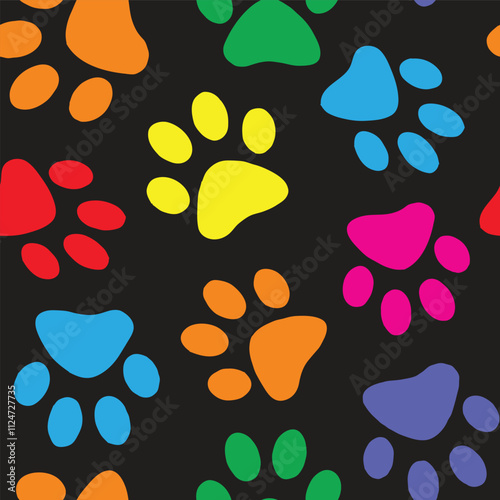 Cute Colorful cat paw prints on black seamless vector pattern background wallpaper textile scrapbook