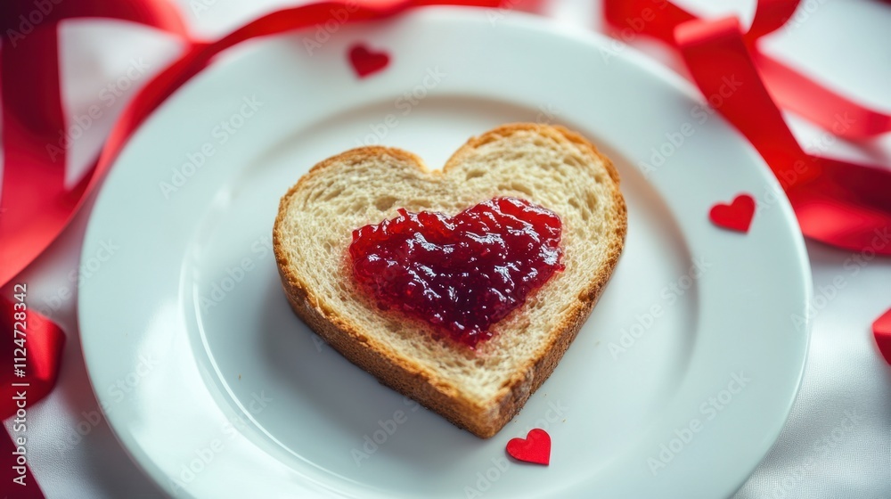 Heart-Shaped Bread Slice Topped with Red Jam for Romantic Occasion Heart-Shaped Bread Slice Topped with Red Jam for Romantic Occasion