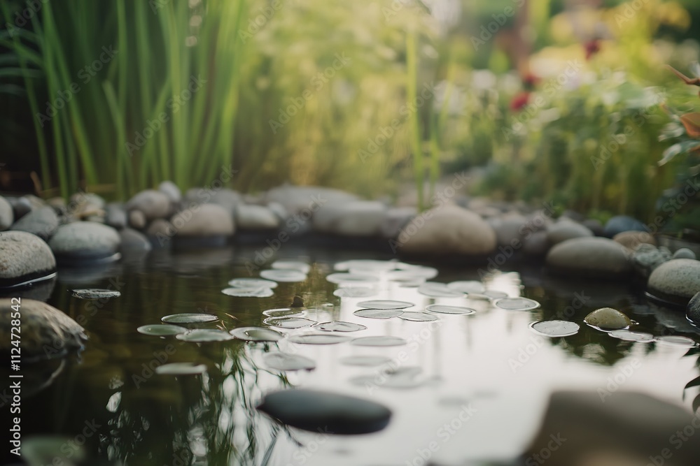 Serene pond with lily pads, pebbles, and lush green plants. Serene pond with lily pads, pebbles, and lush green plants.