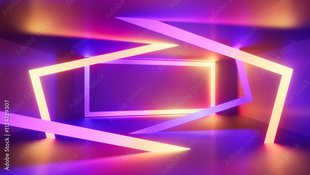 Fototapeta premium 3d render of an empty room with glowing neon frames and lines. Vibrant colors. Abstract geometric background. Futuristic wallpaper of laser show