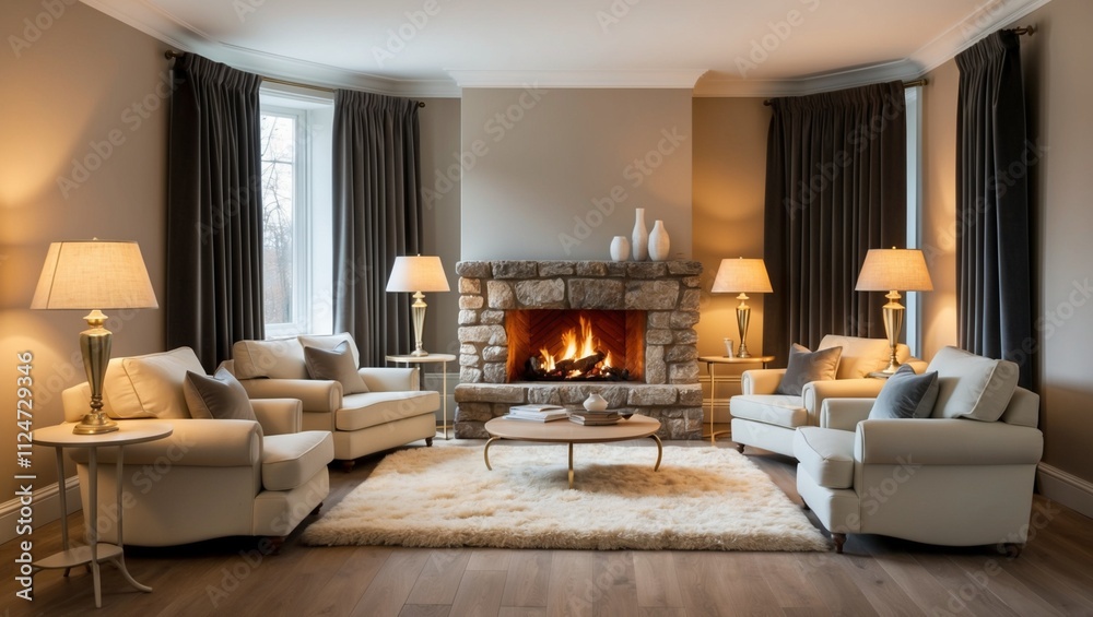 living room with fireplace - ai living room with fireplace - ai