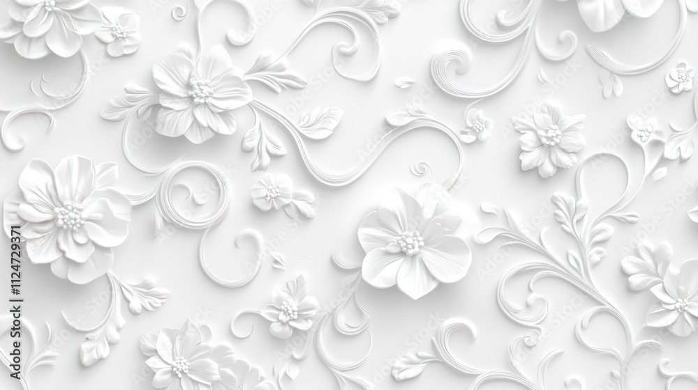 Fototapeta premium A textured white floral relief design featuring intricate flowers and swirls, ideal for elegant backgrounds or decorative purposes.