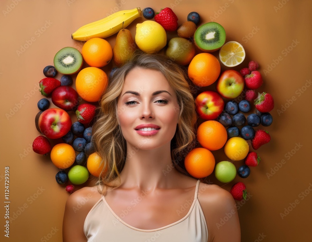 Generated image A serene woman surrounded by a vibrant array of fresh fruits artistically arranged Generated image A serene woman surrounded by a vibrant array of fresh fruits artistically arranged