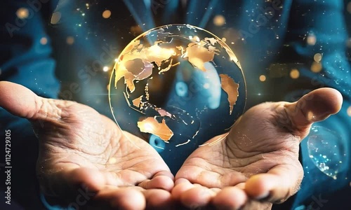 A businessman holds a glowing globe, symbolizing global connectivity and technological advancement.