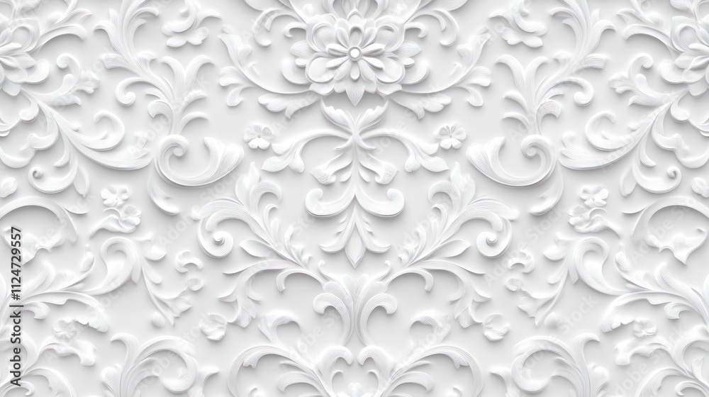 A textured white wallpaper design featuring intricate floral and scroll patterns, ideal for elegant interior decor. A textured white wallpaper design featuring intricate floral and scroll patterns, ideal for elegant interior decor.