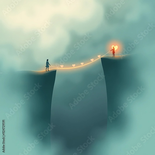 Two figures connect across a chasm with a glowing heart trail symbolizing love and distance
