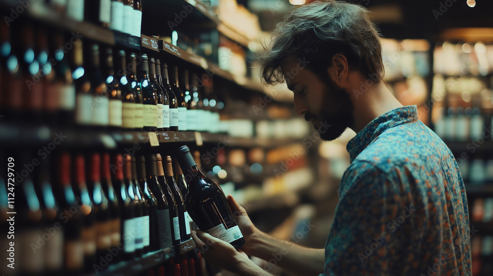 Man Exploring Wine Selection in a Modern Store, Reviewing Bottles and Enjoying the Wine Shopping Experience with a Stylish, Casual Approach Man Exploring Wine Selection in a Modern Store, Reviewing Bottles and Enjoying the Wine Shopping Experience with a Stylish, Casual Approach