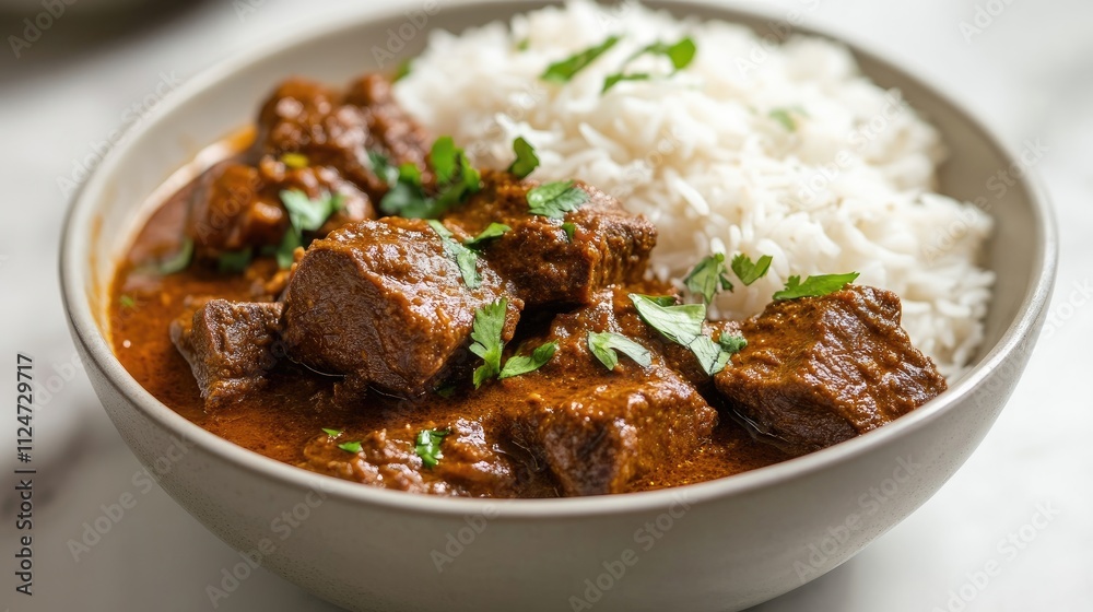 A serving of rich, spicy lamb curry with a side of rice. A serving of rich, spicy lamb curry with a side of rice.