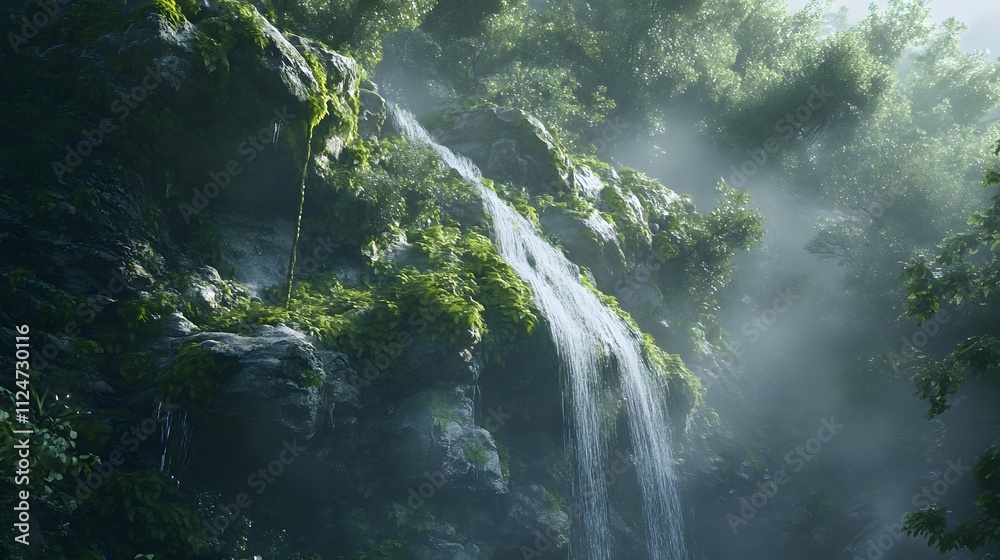 Natural waterfall with rocks and green moss Natural waterfall with rocks and green moss