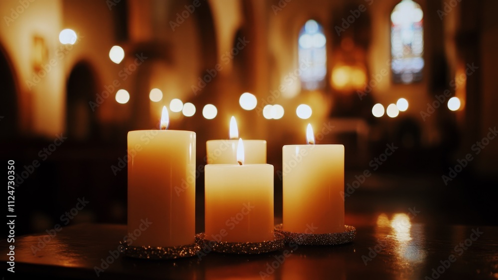 elegant advent candles with warm glow in a serene church interior, highlighting spiritual ambiance, religious tradition elegant advent candles with warm glow in a serene church interior, highlighting spiritual ambiance, religious tradition