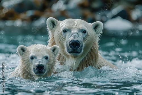 mother polar bear and her cub swimming in the icy waters