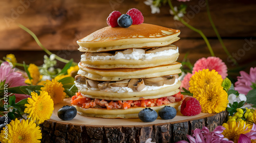 Pancakes with filling: Pancakes with various fillings (cottage cheese, mushrooms, meat), beautifully served on a wooden board, with bright colors all around. photo