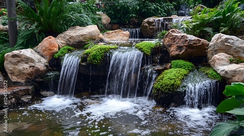 Natural waterfall with rocks and green moss