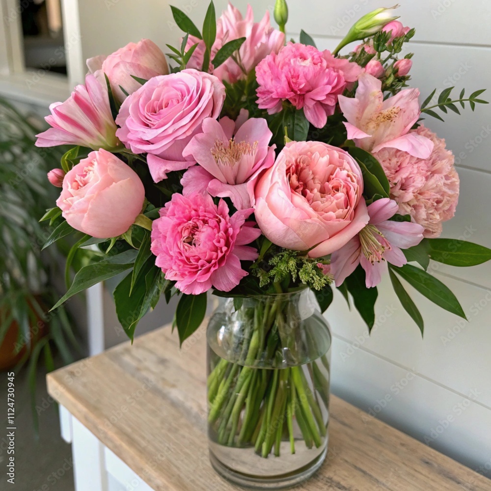 Pink bouquet on table Pink bouquet on table