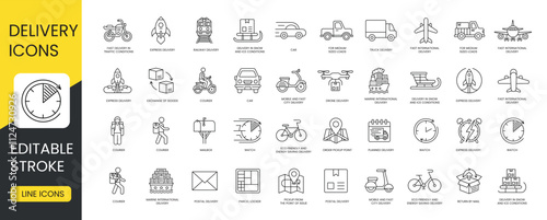 Set of line vector icons of delivery methods with editable stroke, express and return by mail, pickup from the point of issue and postal, energy saving and drone