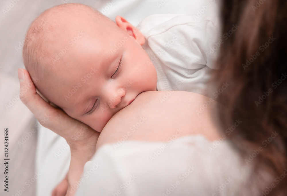 newborn baby eats from mother's breast close-up. breastfeeding a child. Lactation Concept newborn baby eats from mother's breast close-up. breastfeeding a child. Lactation Concept