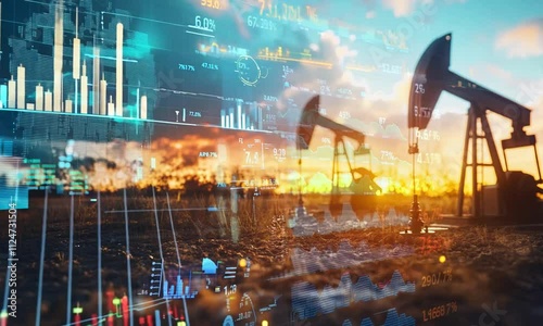 An oil pumpjack against a sunset, overlaid with digital financial data and graphs.