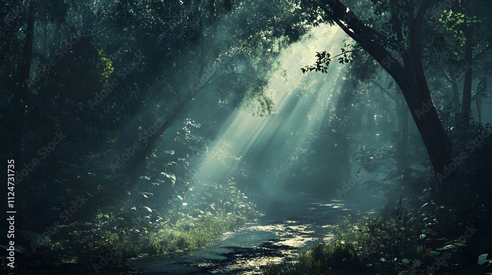 Panoramic view of a forest with sunlight shining through the trees Panoramic view of a forest with sunlight shining through the trees