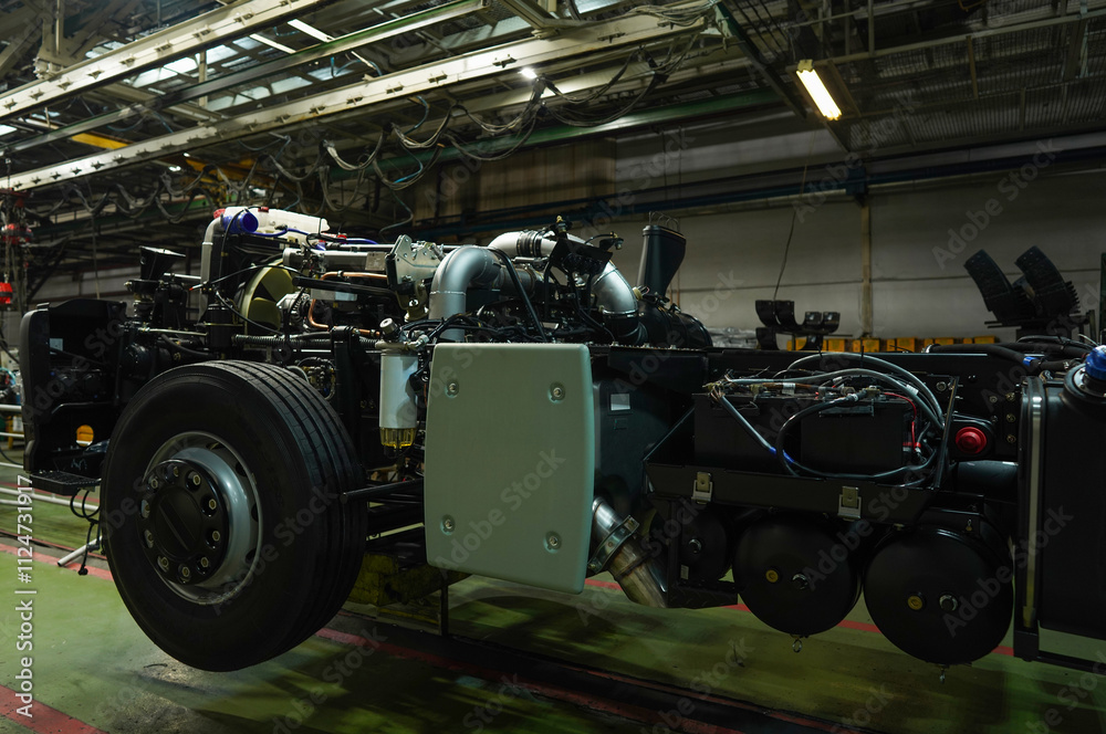 Truck production line. Workshop production of Heavy duty trucks. Trucks Manufacture. Assembly line of truck factory. Heavy duty truck plant. Frame, Wheel chassis, air suspension, air springs. Engine Truck production line. Workshop production of Heavy duty trucks. Trucks Manufacture. Assembly line of truck factory. Heavy duty truck plant. Frame, Wheel chassis, air suspension, air springs. Engine