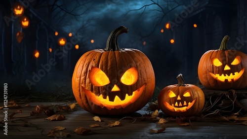 Jack O' Lanterns' eyes trick or treat on Halloween Samhain All Hallowe'en eerie horror All Saints' Eve All Hallowe'en Background of the Ghost Demon on October 31