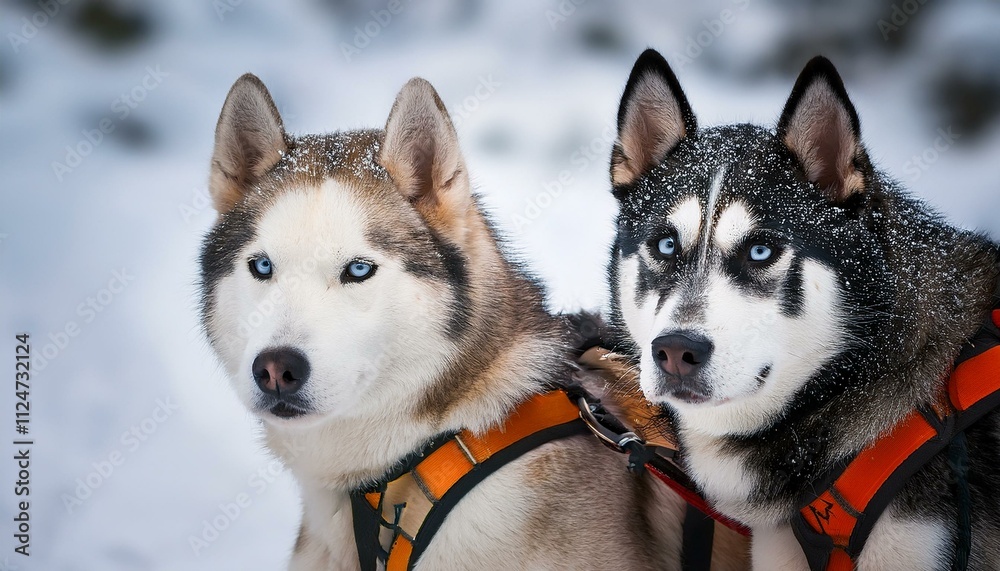 Generated image Two alaskan huskies with snow on their fur are waiting in harness for a dog sledding run Generated image Two alaskan huskies with snow on their fur are waiting in harness for a dog sledding run