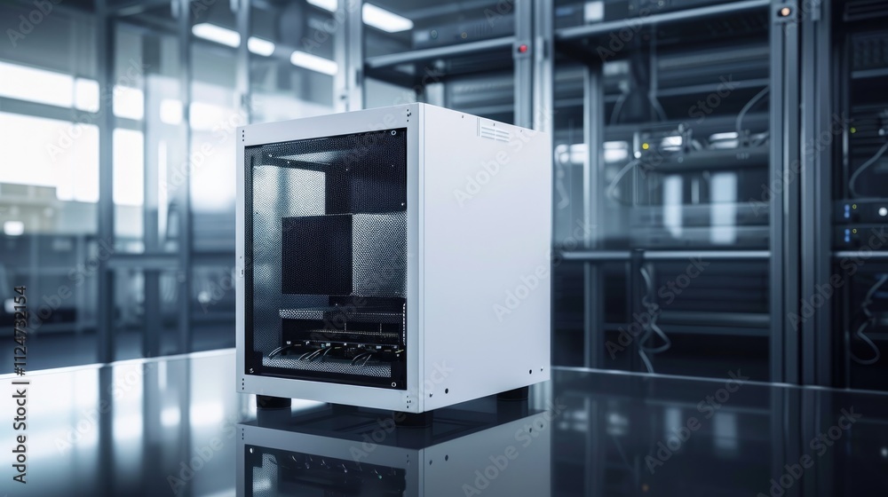 Advanced Tech Game Server Cabinet with Efficient Cooling, Neat Cable Network, and Modern Data Center Backdrop. 
