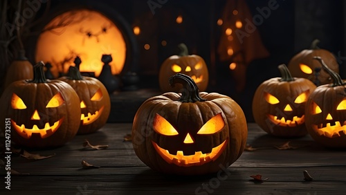 Jack O' Lanterns' eyes trick or treat on Halloween Samhain All Hallowe'en eerie horror All Saints' Eve All Hallowe'en Background of the Ghost Demon on October 31