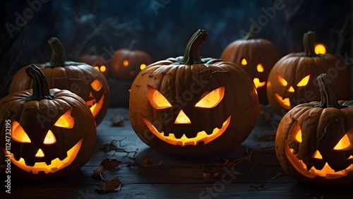 Jack O' Lanterns' eyes trick or treat on Halloween Samhain All Hallowe'en eerie horror All Saints' Eve All Hallowe'en Background of the Ghost Demon on October 31