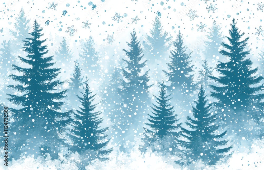 Fototapeta premium The scene depicts Christmas evergreen trees in silhouette, set against a winter sky where snowflakes dance and a snowy footer completes the serene image.