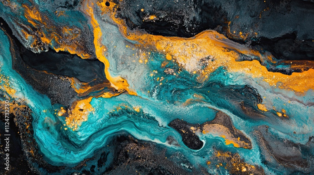 Abstract Fluid Art Painting, Teal, Gold, and Black Swirls Abstract Fluid Art Painting, Teal, Gold, and Black Swirls