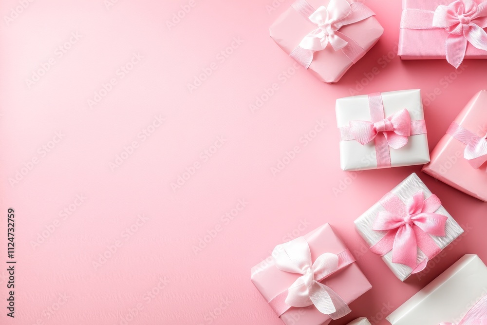 A top-down view of a Christmas present box adorned with silver sparkle set against a red background, including a banner mock-up for your text. This design reflects the holiday theme of gift-giving. A top-down view of a Christmas present box adorned with silver sparkle set against a red background, including a banner mock-up for your text. This design reflects the holiday theme of gift-giving.