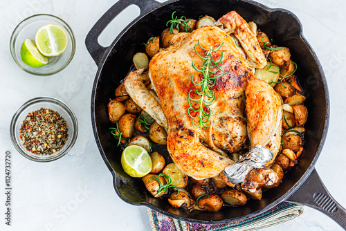 Oven Roasted Whole Chicken and Potatoes in an Iron Skillet Top Down Photo on White Background
