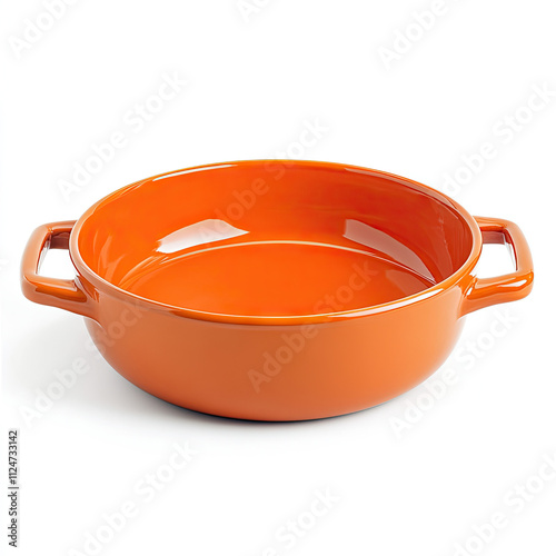 orange ceramic bowl with two handles on the sides, against a white background