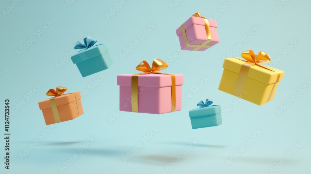 Obraz premium Colorful Gift Boxes with Shiny Bows in Mid-Air