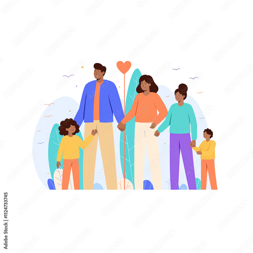 Fototapeta premium Happy big family standing together in a flat illustration style, including grandma, grandpa, mom, dad, children, and a pet. Smiling cartoon characters happily gathered as a group