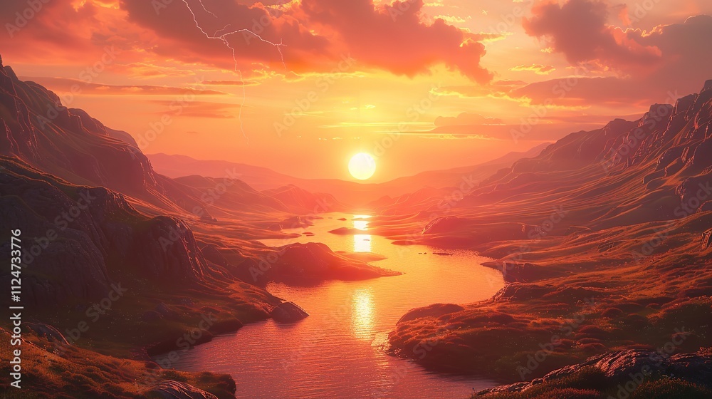 The sun is setting, casting a warm afterglow over the river in the painting. Cumulus clouds fill the sky, creating a beautiful natural landscape. The sun is setting, casting a warm afterglow over the river in the painting. Cumulus clouds fill the sky, creating a beautiful natural landscape.