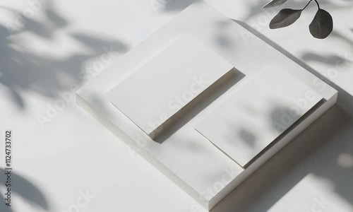 A minimalist layout featuring white blocks and shadows, ideal for branding or design presentations.