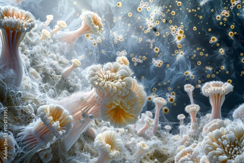 Spore Release: A detailed image of fungi releasing spores into the air, showing the dispersal mechanism of these microscopic structures 