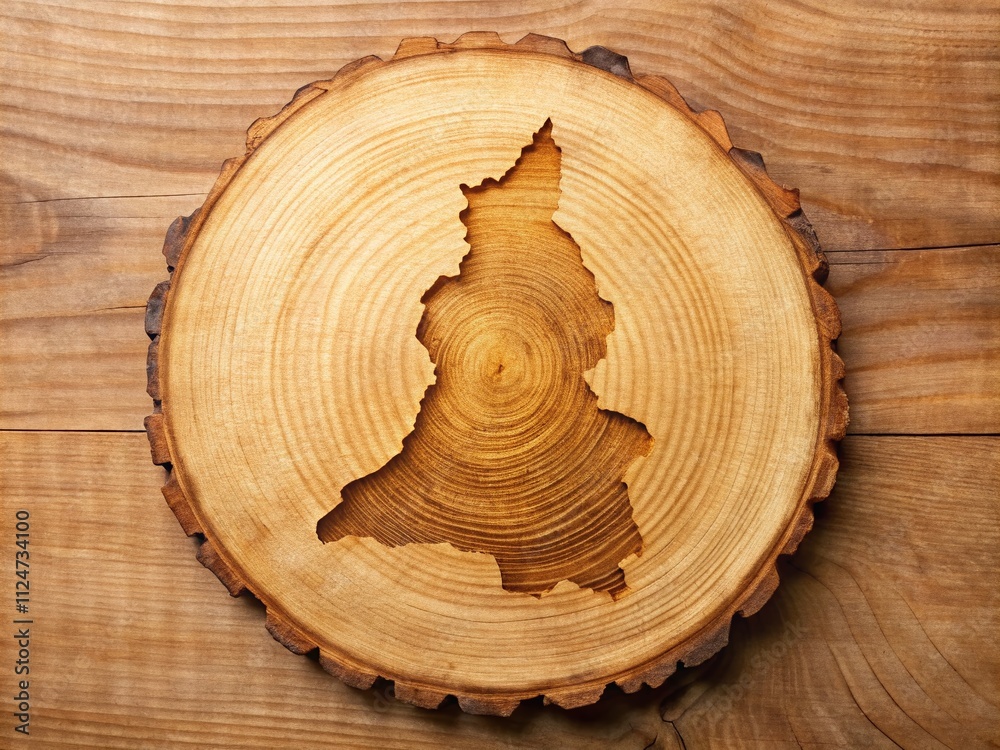 Obraz premium Artistic Representation of Cameroon Shape Branded onto an Oak Slice with Natural Textures and Copy Space for Creative Projects