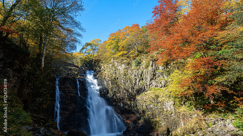 A waterfall flowing through a vibrant autumn forest, with bright red and orange leaves contrasting with the clear blue sky above A waterfall flowing through a vibrant autumn forest, with bright red and orange leaves contrasting with the clear blue sky above