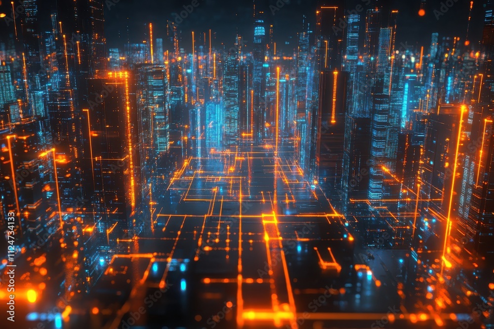 Naklejka premium Futuristic financial chart glowing data lines digital display cityscape background