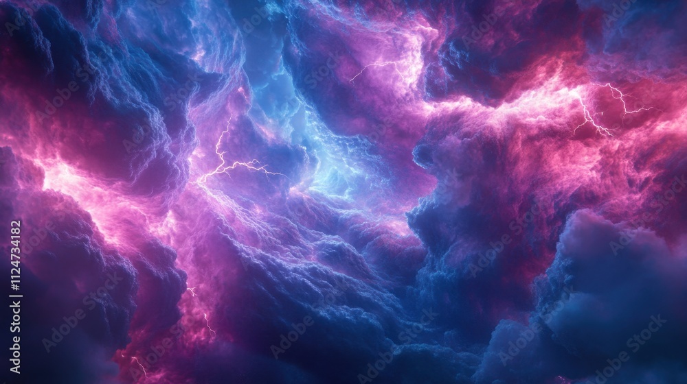 Dramatic Colorful Clouds with Lightning Striking in Night Sky Dramatic Colorful Clouds with Lightning Striking in Night Sky