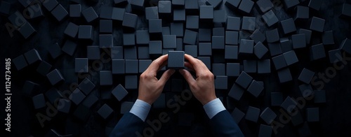 A person holds a small black cube above a scattered arrangement of similar cubes on a dark surface, creating a minimalist and thoughtful atmosphere.