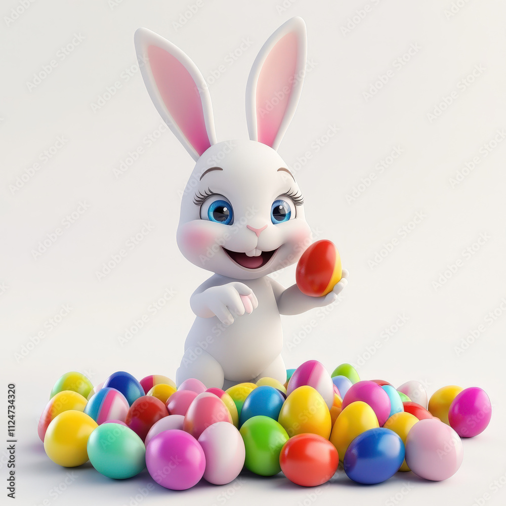 Fototapeta premium Cheerful cartoon rabbit character holding an egg surrounded by colorful Easter eggs in a bright and festive environment for seasonal celebrations